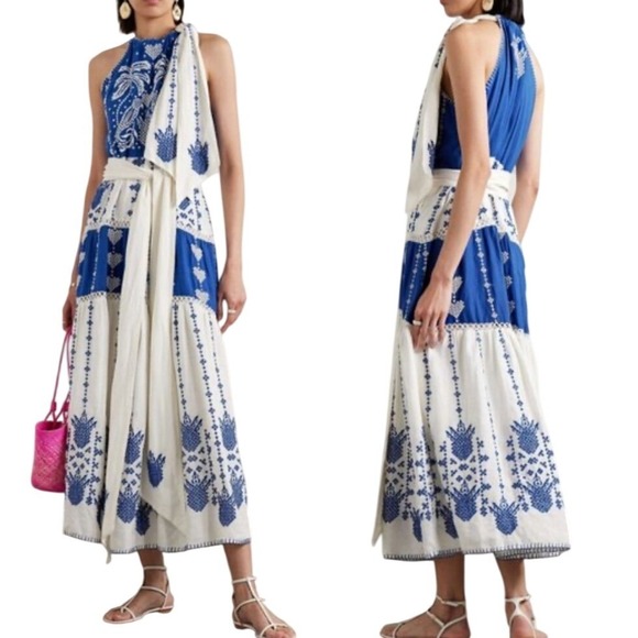Farm Rio Dresses & Skirts - Farm Rio NWT SZXL The Jungle Scarf Blue White Embroidered Halter Maxi Dress Belt